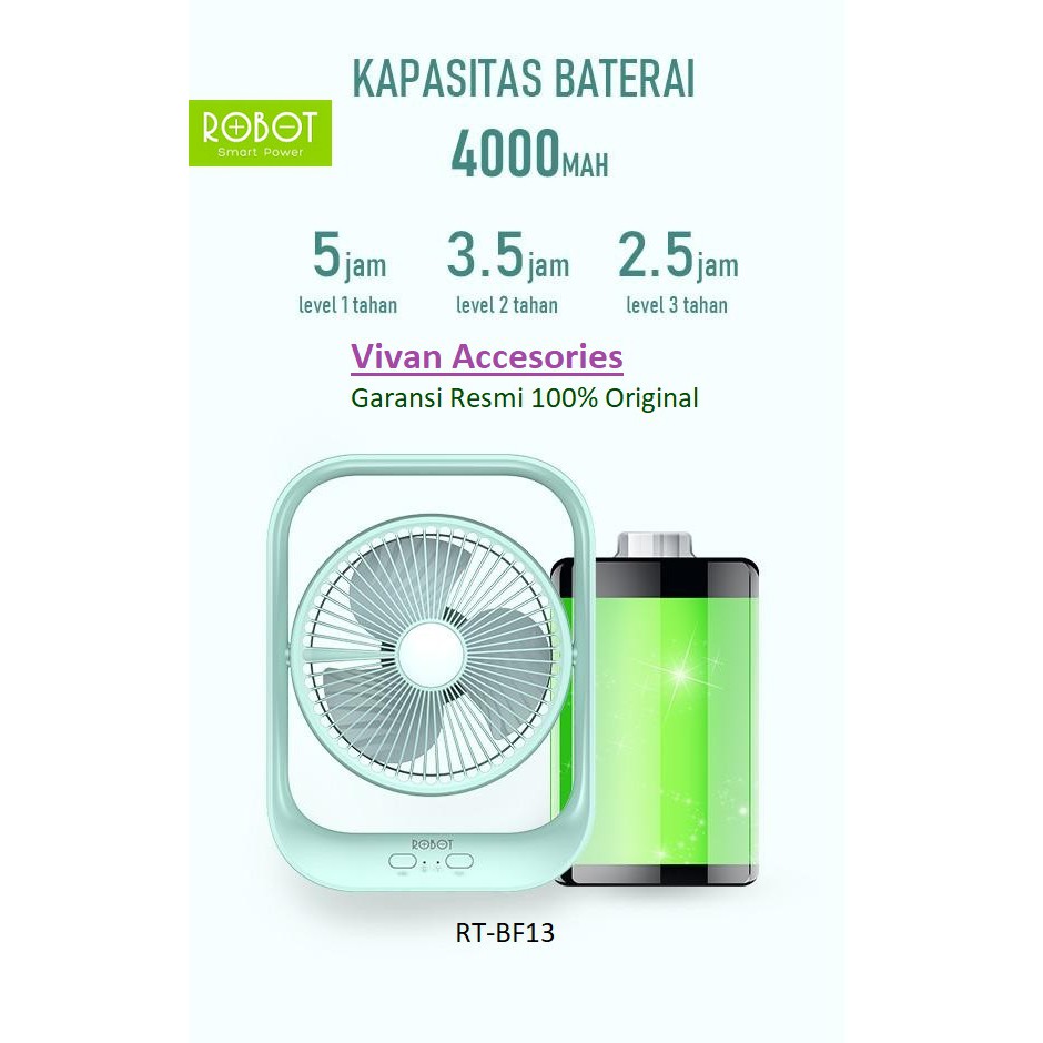 Robot RT-BF13 4000mAh 7 Inch Fan Portable Desktop Rotatable Fan &amp; LED KIPAS ANGIN