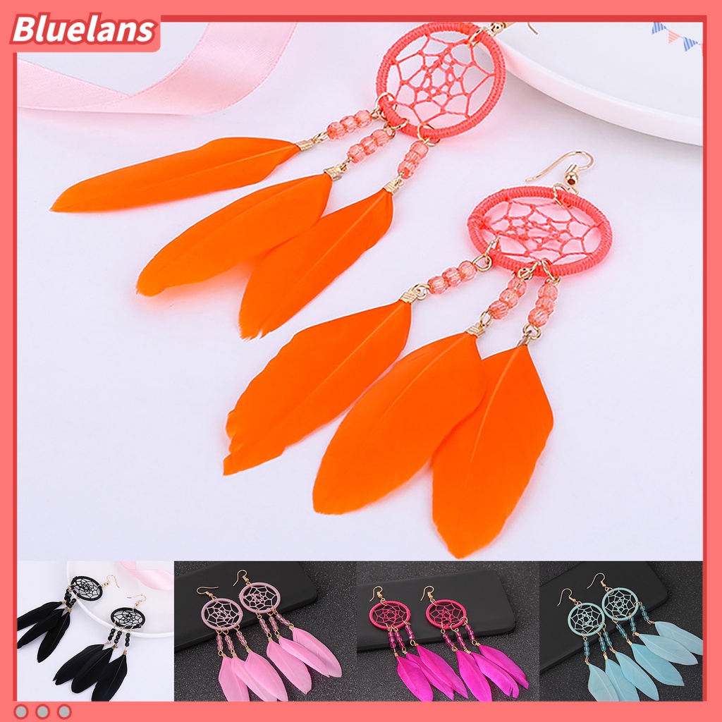 Bluelans 1 Pasang Anting Juntai Desain Dream Catcher Hollow Out Aksen Bulu Gaya Etnik Bohemia