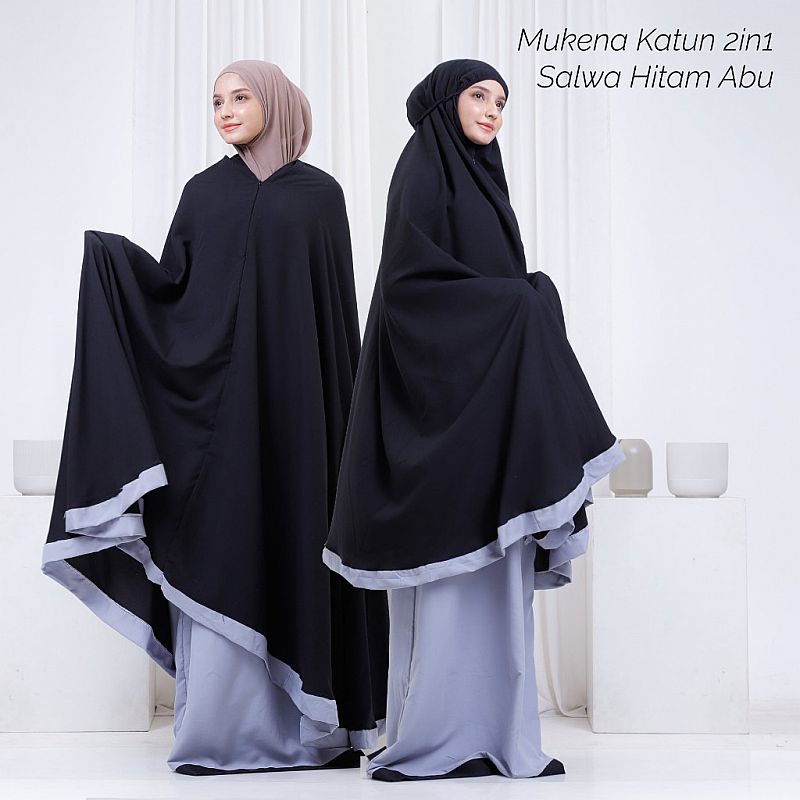 Mukena 2in1 Dewasa Katun Mikro Salwa Hitam Abu Grey Polos Tas Travel Traveling Bolak Balik 2 Warna