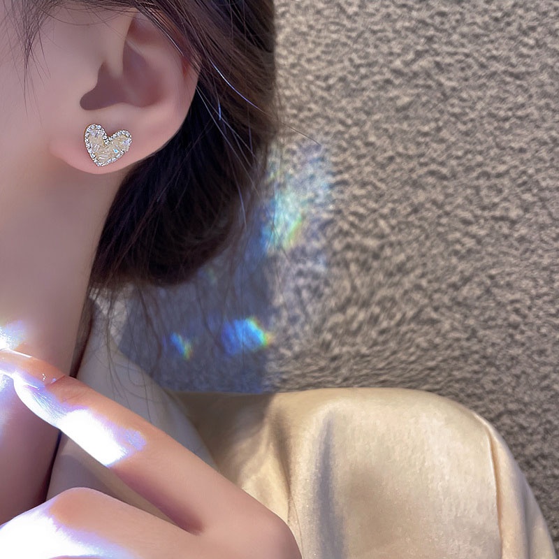 Anting Tusuk Sterling silver 925 Desain Hati Hias Kristal Berlian Imitasi Mewah Berkilau Untuk Wanita