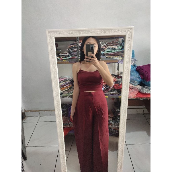 ONE SET KULOT PATTERN // SETELAN TANKTOP FLOWERY-Maroon polos