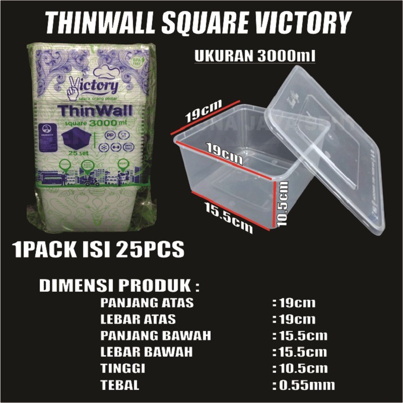 Thinwall SQ 1000ml 1500ml 2000ml 3000ml Per Pack Kotak Makanan Square Plastik SBY