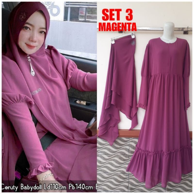 SWARO SETELAN GAMIS SYAR'I SET KHIMAR  WANITA 2 LAYER CERUTY BEBYDOLL ORIGINAL FULL FURING