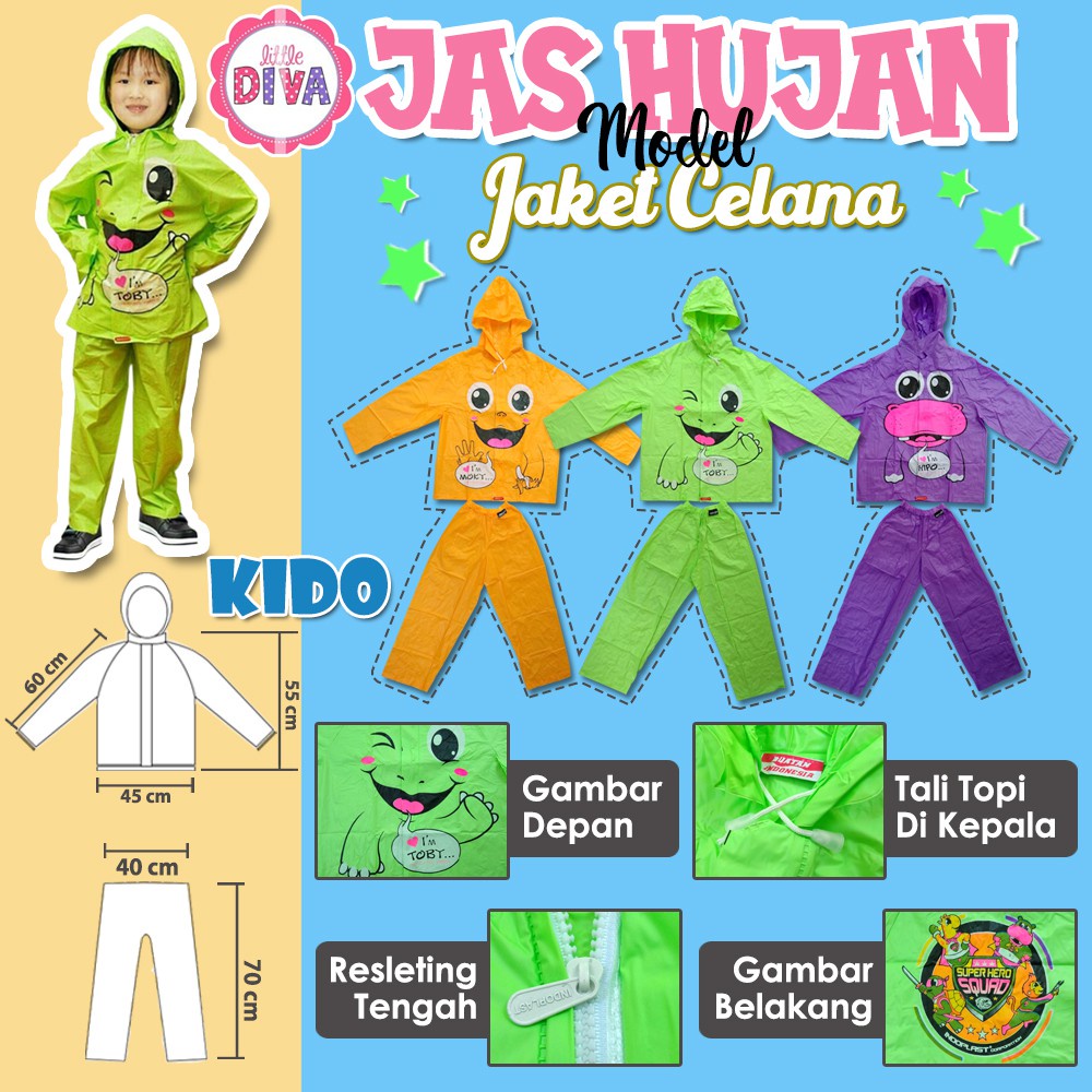 Boy Girl JAS HUJAN Impor Anak Cowok cewek Import Rain Coat motif frozen pony car spiderman unicorn KIDO