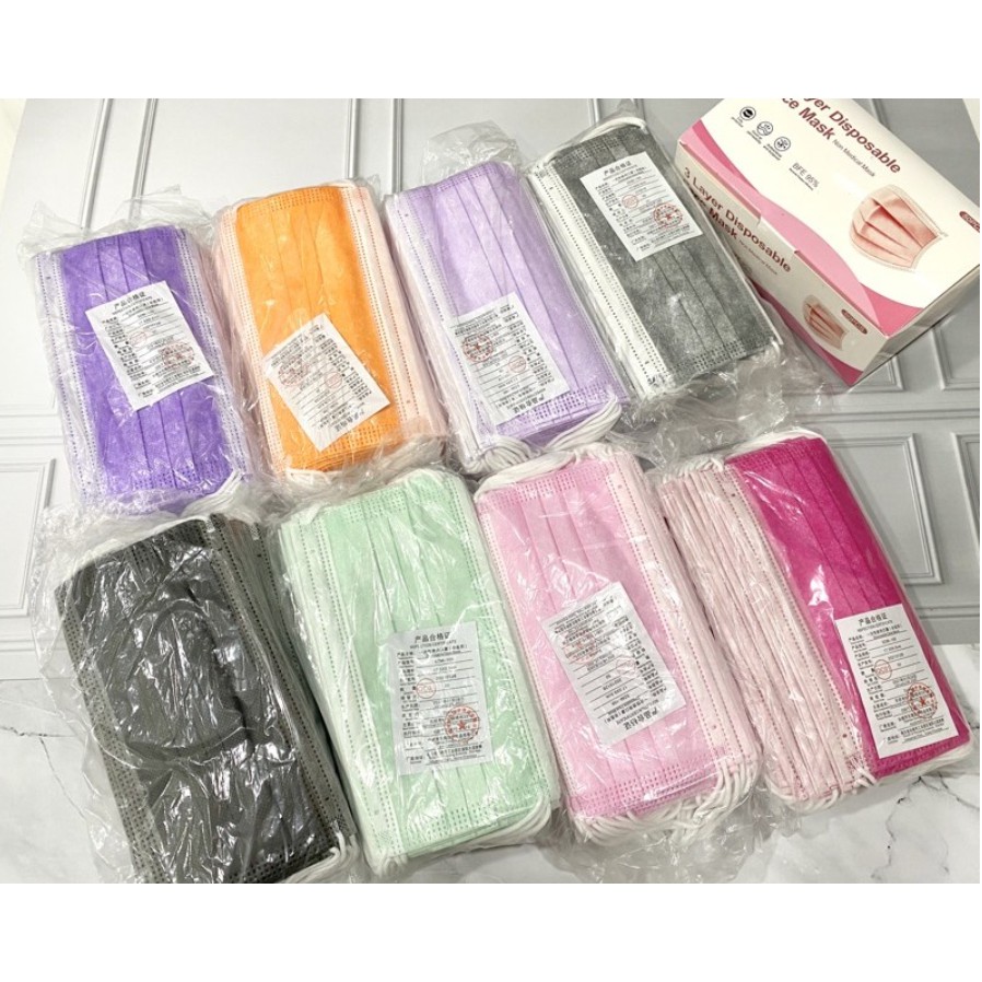 MASKER 3PLY POLOS WARNA 50PCS 1 BOX SEKALI PAKAI/ MASKER 3PLY MURAH PREMIUM