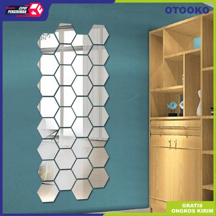 Stiker Wallpaper Dekorasi Design vinyl Cermin Mirror hexagonal isi 7