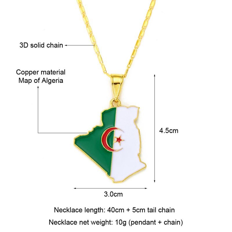 Algeria Map Necklace Unisex Algeria Flag Drop Gold Necklace 18K Gold Fashion Hip Hop Necklace Jewelry