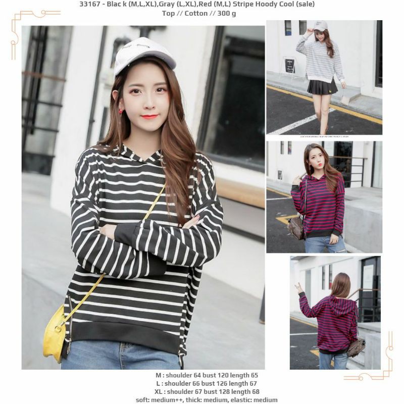 Kaos cewek jumbo salur kupluk merah hitam abu lengan panjang