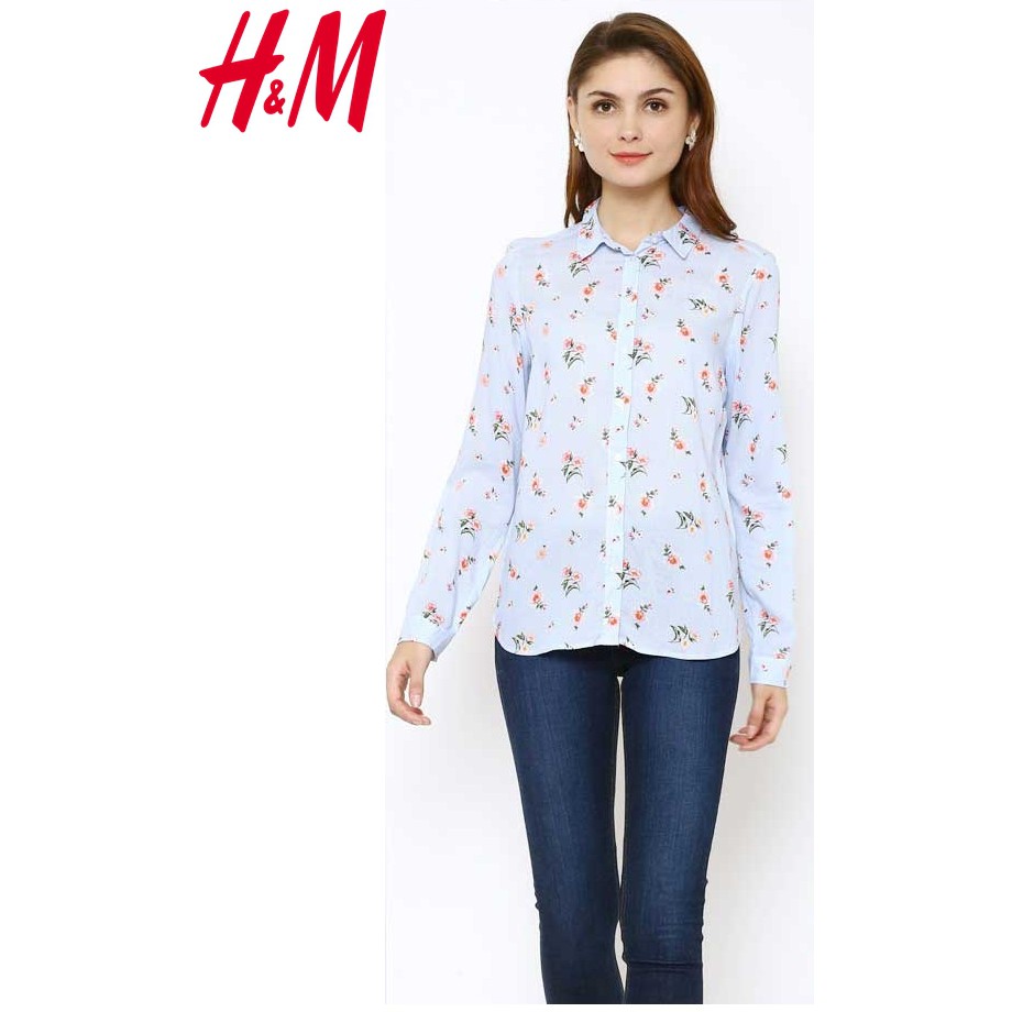 H&M SHIRT BLUE FLORAL - KEMEJA BLOUSE WANITA