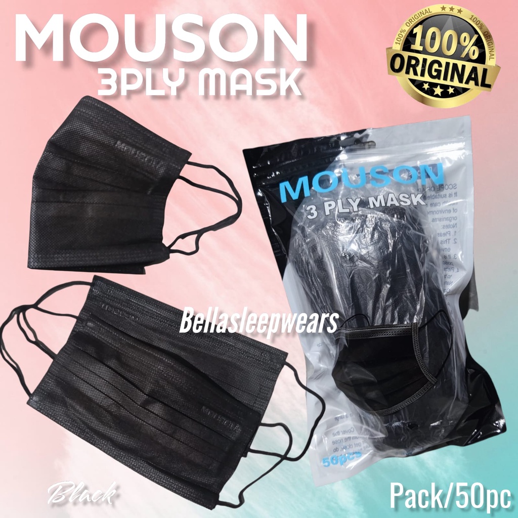 BOX MOUSON 3PLY MASK EMBOS BOX 50 - MASKER 3PLY MOUSON EMBOS BLACK WHITY PUTIH HITAM