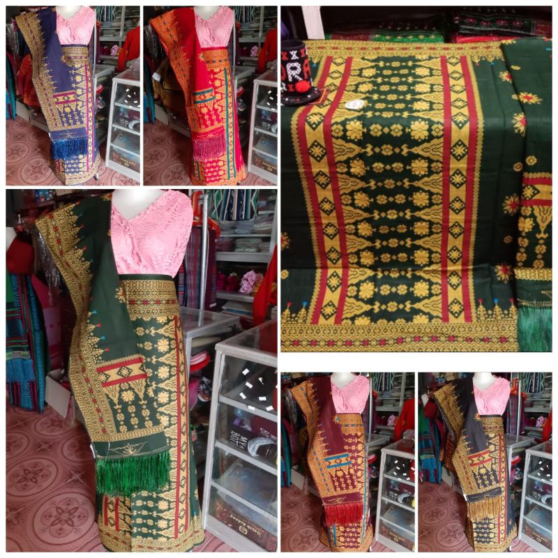 SET SARUNG SELENDANG WANITA ETNIK BATAK MOTIF SONGKET TENUNAN HIJAU MERAH BIRU