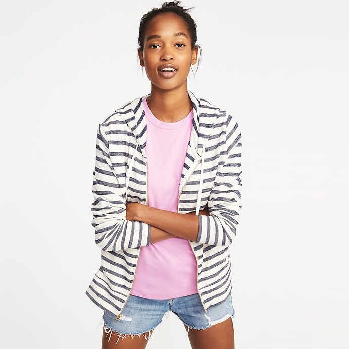 Hoodie wanita| Full zipper Slub Knit Relaxed Stripe-2