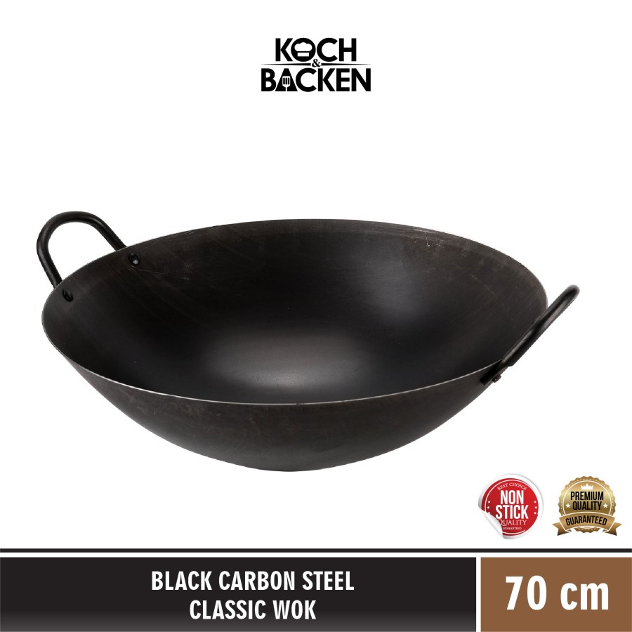 KOCH&BACKEN Wajan Baja Preseasoned Black Carbon Steel Classic Wok 70 cm