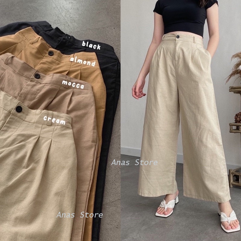 Celana Kulot Highwaist Bahan Premium Linen Wide Leg Cullotes - Linen Cullote Pants