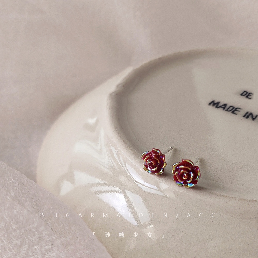 Anting Stud 925 Silver Bentuk Bunga Mawar Kecil Warna Merah Untuk Wanita