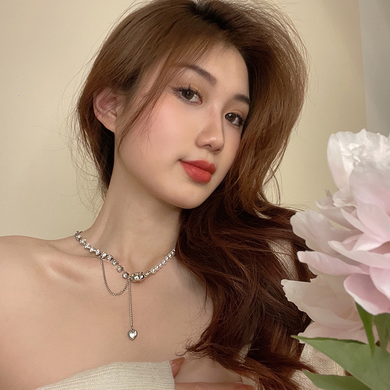 Love Pink Crystal Pendant Necklace Accessories Pearl Stitching Clavicle Chain Harajuku Korean Version