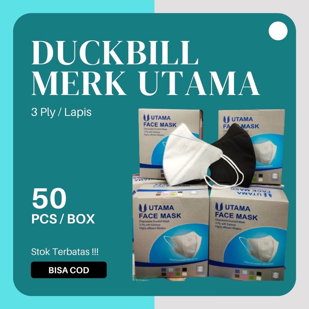 Masker Duckbil Duckbill 50 Pcs 3 Ply Lapis Utama Face Mask Hitam Putih Original