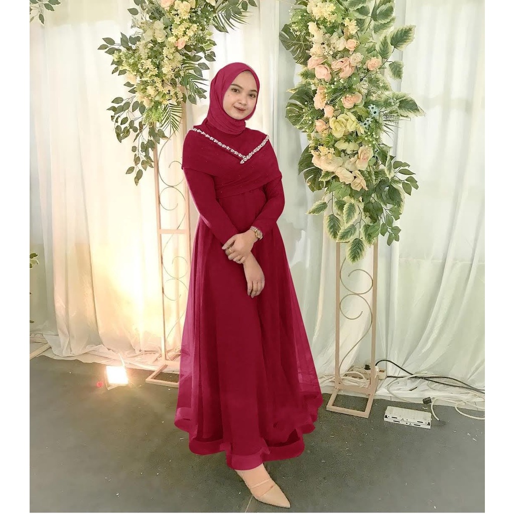 ELDE 12 - DRESS MAXI PRICILLA SIZE M L XL bahan moscrepe aplikasi mutiara tembak mewah dibawah mostcrepe lapis organza full keliling sleting dan karet blkg-3