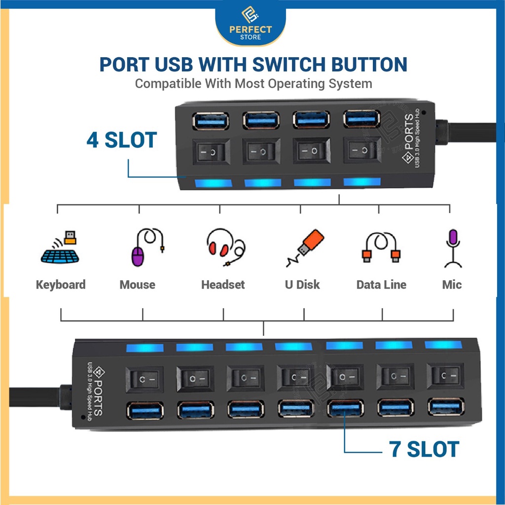 USB HUB Tombol Saklar ON OF Sambungan Kabel Adaptor USB Port Colokan Penghubung Kabel mouse flashdis