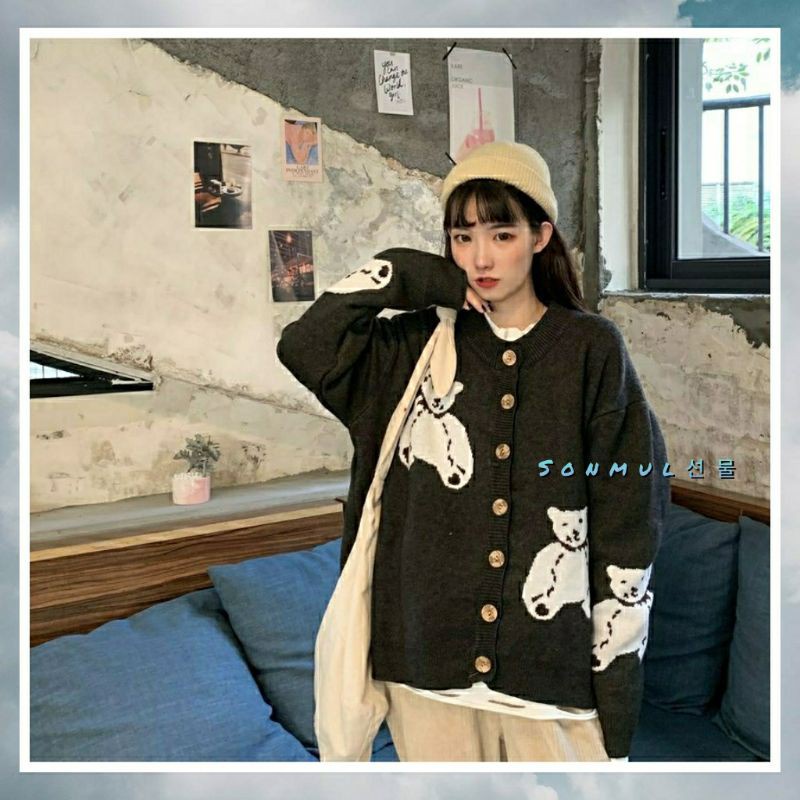 IMPORT WOMAN KNIT CARDIGAN KNITWEAR OUTER BEAR KARDIGAN RAJUT WANITA IMPOR MUSIM DINGIN