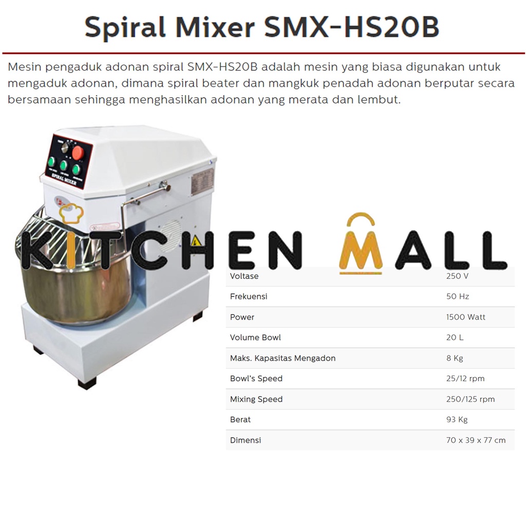 FOMAC SMX-HS20B Spiral Mixer (20 Liter) - Mixer Untuk Adonan Roti