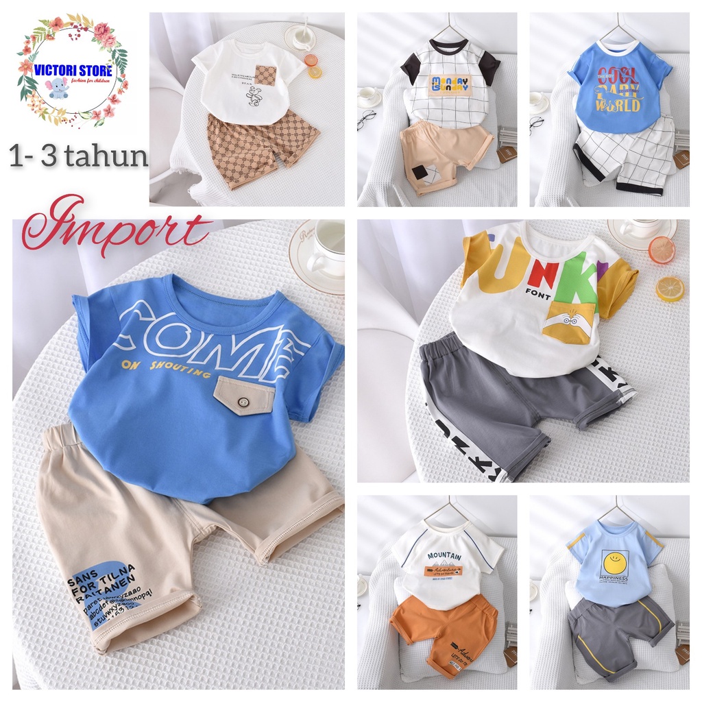 Setelan Kaos dan Celana Anak Laki Laki Import 1 - 3 tahun Baju Anak Batita Bahan Katun Nyaman