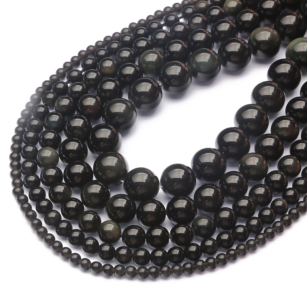 Manik-manik Batu Obsidian Hitam Alami Bentuk Bulat Ukuran 4 / 6 / 8 / 10 / 12mm Untuk Membuat Perhiasan Gelang Kalung DIY