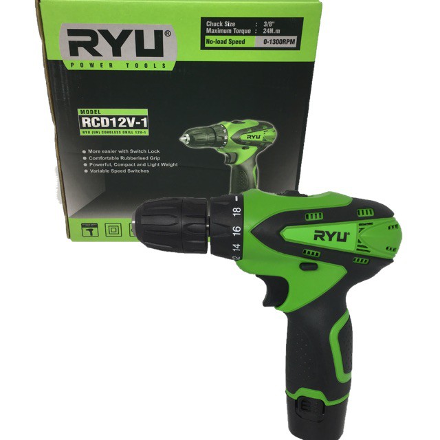 RYU Cordless RCD 12-1 Mesin Bor Cas 12V 1 Baterai Besi Kayu