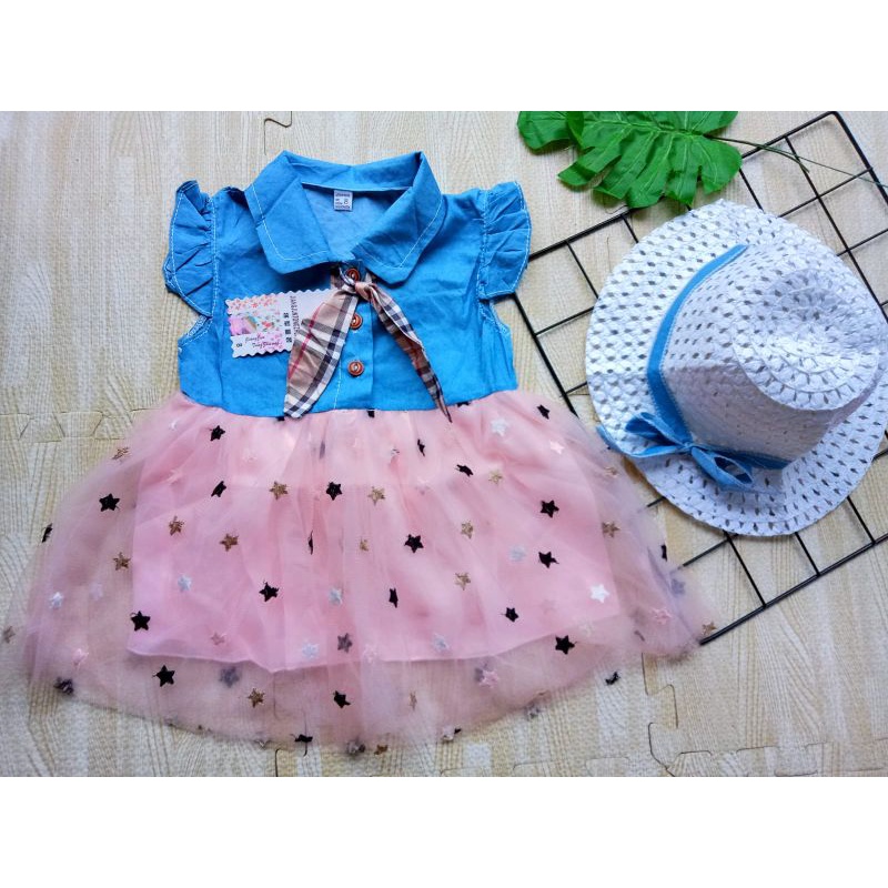 [0-3th] DRESS TUTU ANAK GAUN PESTA FREE TOPI PANTAI / DRESS TILE ANAK IMUT MOTIF STAR / DRESS TUTU ANAK IMPORT PREMIUM / DRESS TUTU TOPI PANTAI