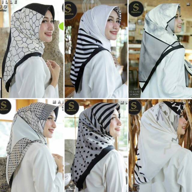 Jilbab Segiempat Motif Satin Monokrom Marseille Mono Signarica