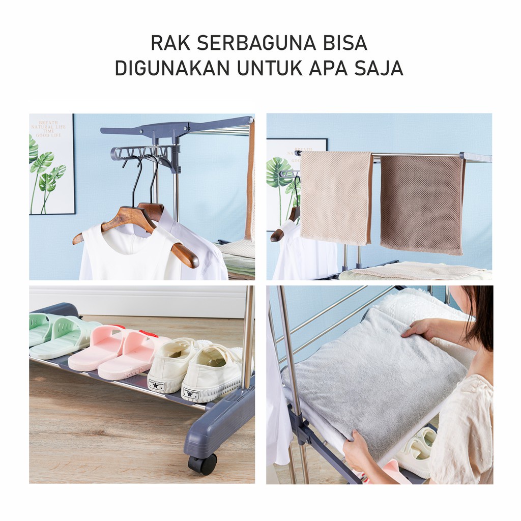 Jemuran Baju 3 Tingkat Jemuran Baju Lipat Berdiri Stand Hanger Cloth Drying Rack Jemuran Stainlees Steel Dengan Roda GOSHOP88