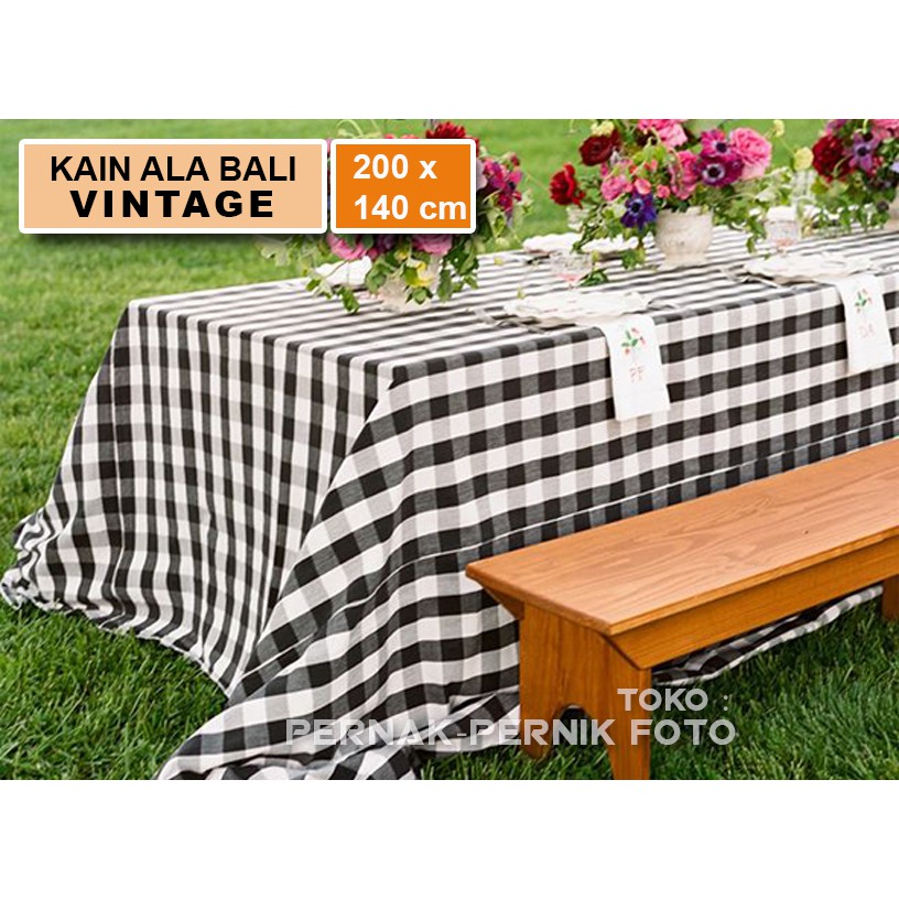 KAIN PIKNIK VINTAGE KOTAK HITAM PUTIH ALA BALI 200X140CM
