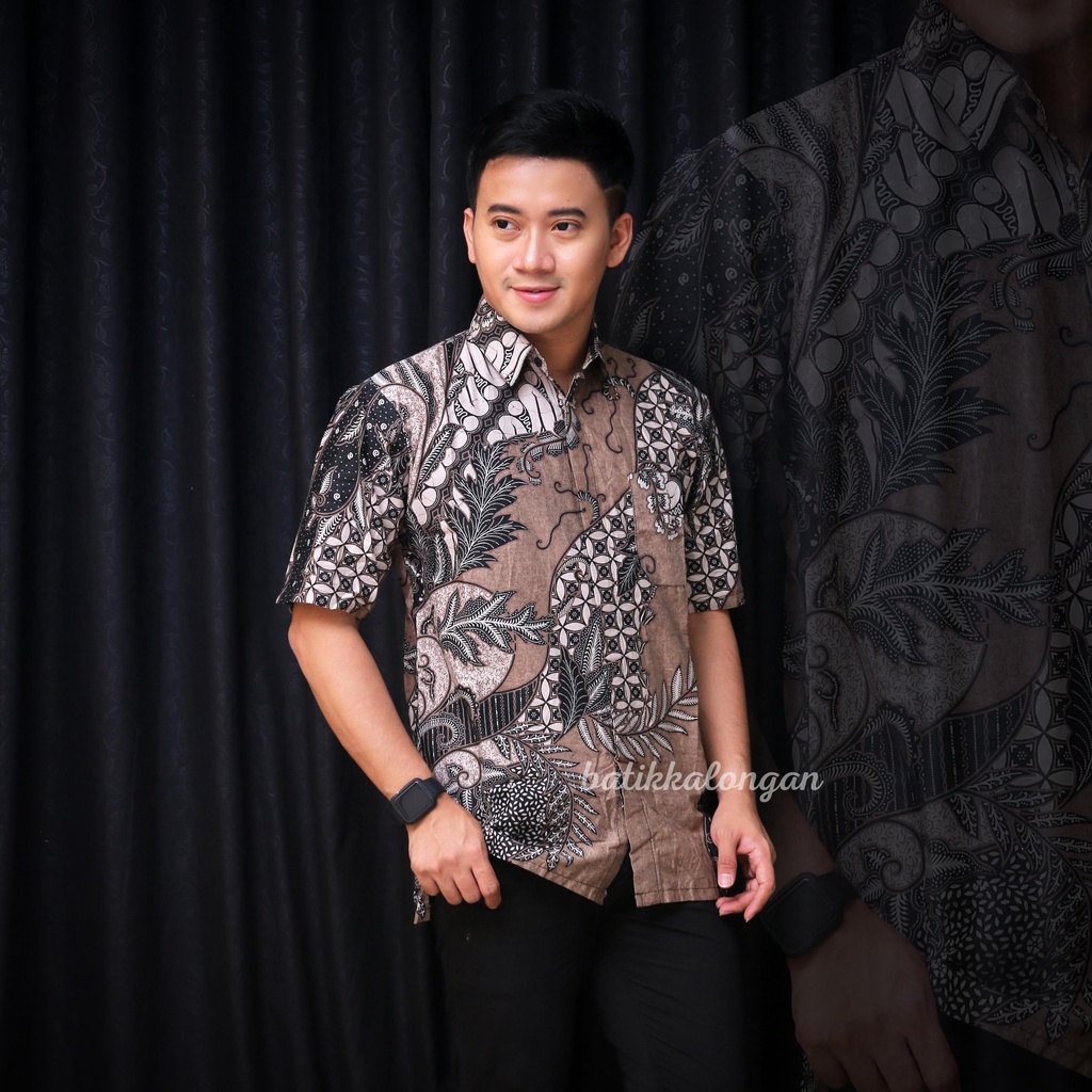 Batik Pria Lengan Pendek Premium BATIK AZMIL HRB026 motif KERATONAN Kode 002 size M L XL XXL