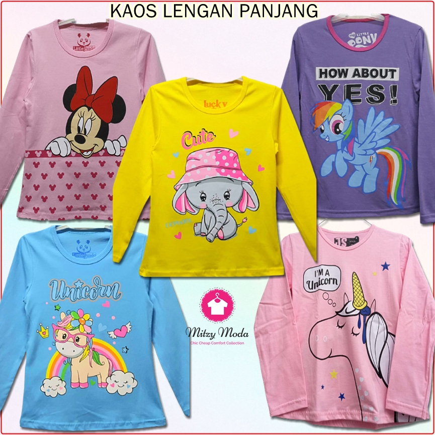 Kaos Lengan Panjang Anak Perempuan | Baju Atasan Muslim Anak Cewek Minnie Unicorn Pony 1-10 tahun