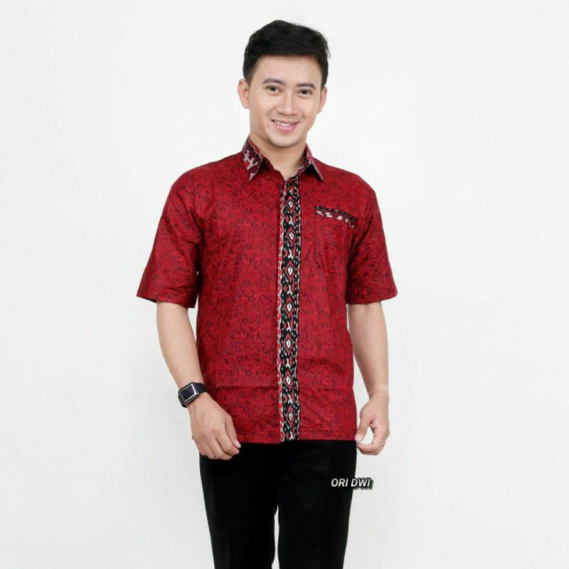 BSWART Batik HRB026 Kenongo Hem Pendek Padi Pekalongan M L XL Batik Pria MURAH Modern Grosir-Hem Mega merah