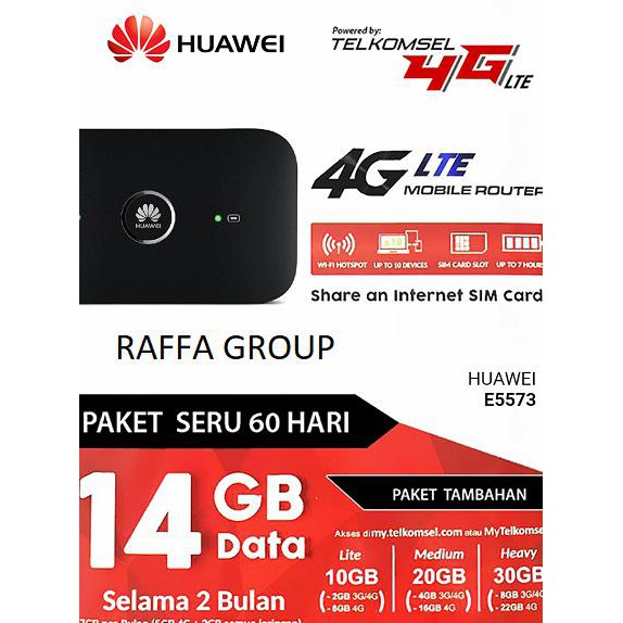 Modem Wifi Mifi Huawei E5573 Unlock 4G All Gsm Free Telkomsel 14Gb - Hitam