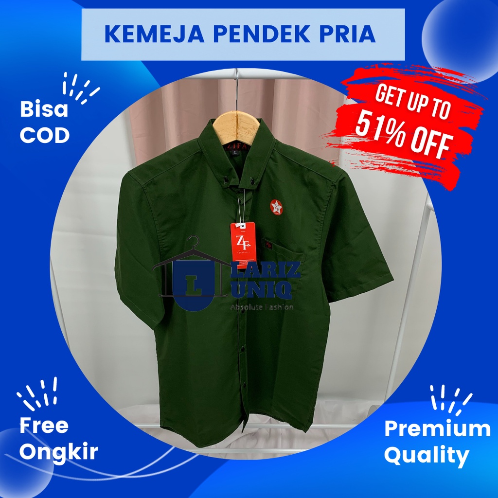 Atasan Kemeja Hem Baju Kerja Polos Pria Laki laki Cowok Lengan Pendek Warna Hijau Army