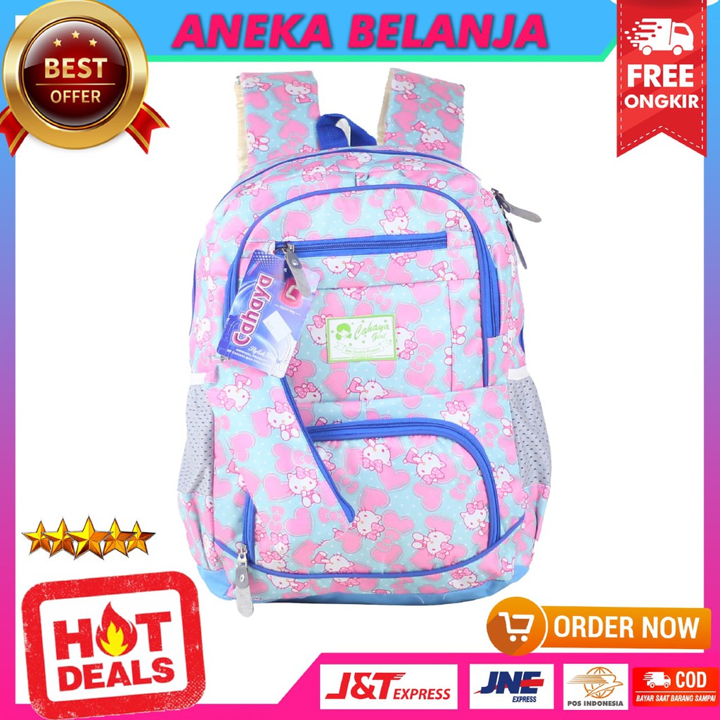 RANSEL SEKOLAH ANAK PEREMPUAN CAHAYA KITTY PINK BIRU TAS BERKUALITAS MULTIFUNGSI FREE RAINCOVER