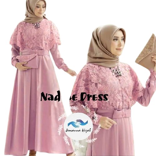 GAMIS BRUKAT NADINE KOMBINASI MOSCREPE / Gamis brokat busui/bumil muslimah wearr masa kini terbaru-PINK