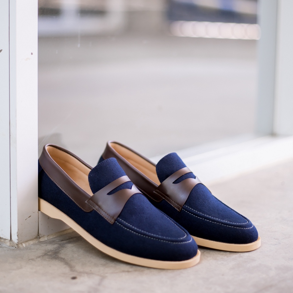 ELVRA Footwear - Sepatu Formal Pria Slip On Loafer Casual - Flow Navy Cream Canvas