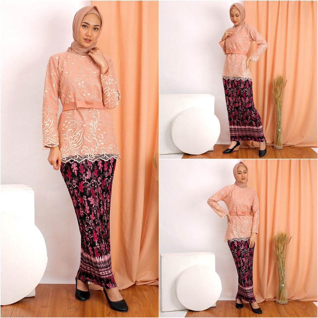 (DIJAMIN REALPICT) Kebaya Manohara Tile Bordir Glitter + Mutiara Tunik Wisuda Kondangan Rok Plisket-1