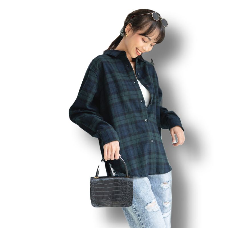 HDR.CO Kemeja Flanel wanita Oversize distro Lengan Panjang Kemeja Flanel Kotak Kotak Pria Wanita