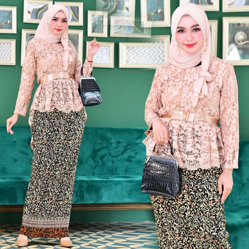 IndahKebaya | SET KEBAYA WANITA BROKAT / KEBAYA AURORA PINGUIN MODERN / BAJU WANITA MUSLIM KONDANGAN / LAMARAN AKAD PESTA KARTINIAN / HITAM NAVY GOLD DUSTY SILVER FANTA PINK