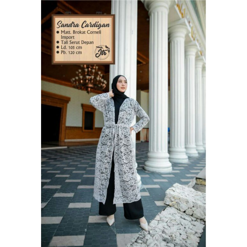 Cardigan Brukat Outer Wanita Kekinian Outerwear Murah Putih Long Cardi