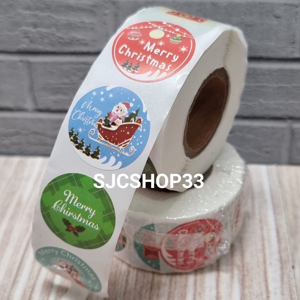 sticker label christmas B / natal mix 1 roll isi 500 pcs