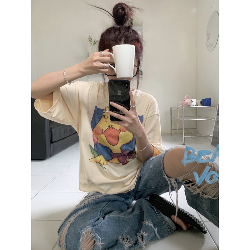 [100%  Katun]Yellow Duck Cartoon Kaos Cream Atasan Wanita Lengan Pendek Oversize Printed T-shirt Baju Wanita Kekinian Korean Style