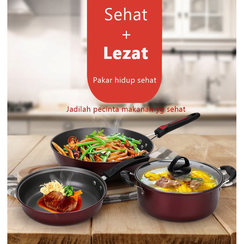 Panci Teflon 3 Set Anti Lengket panci set Serbaguna Tidak Mengelupas Awet Panci Teflon