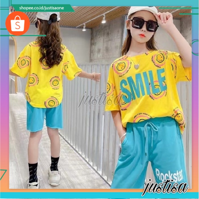 Promo !! Setelan import trendy / Setelan smile rock star ukuran 4-6tahun / Setelan baju anak cewek