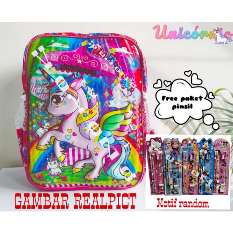 Tas ransel anak perempuan karakter unicorn 3D gambar timbul - tas anak