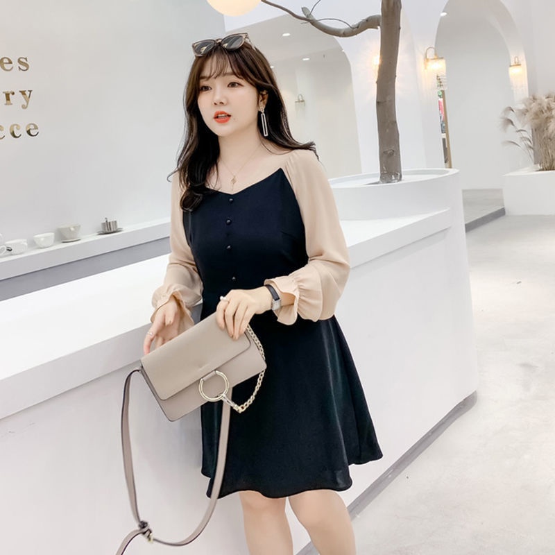 Spring and autumn dress 2021 new large women's dress 200kg skirt V-neck contrast color fat mm thin l